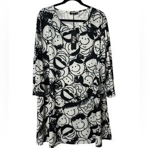 Lily by Firmiana Black & White Cartoon Face Print Dress Lagenlook/Boho Style 4XL